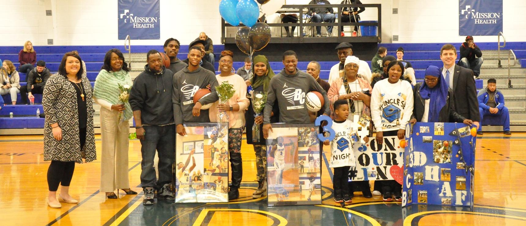 The Brevard College Men's Basketball Senior Day presentation prior to BC's 84-80 overtime win over Huntingdon (Photo courtesy of Tommy Moss).