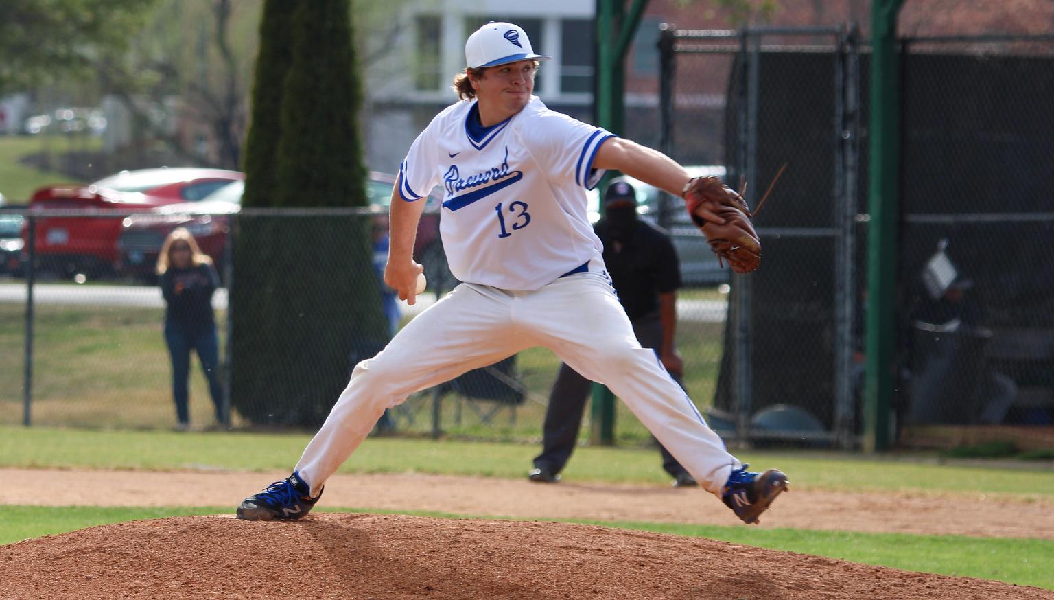 Sophomore right-handed pitcher Nathan Sanders tossed a career performance vs. Piedmont that included a career-high 11 strikeouts (Photo courtesy of Brianna Rodibaugh '24).
