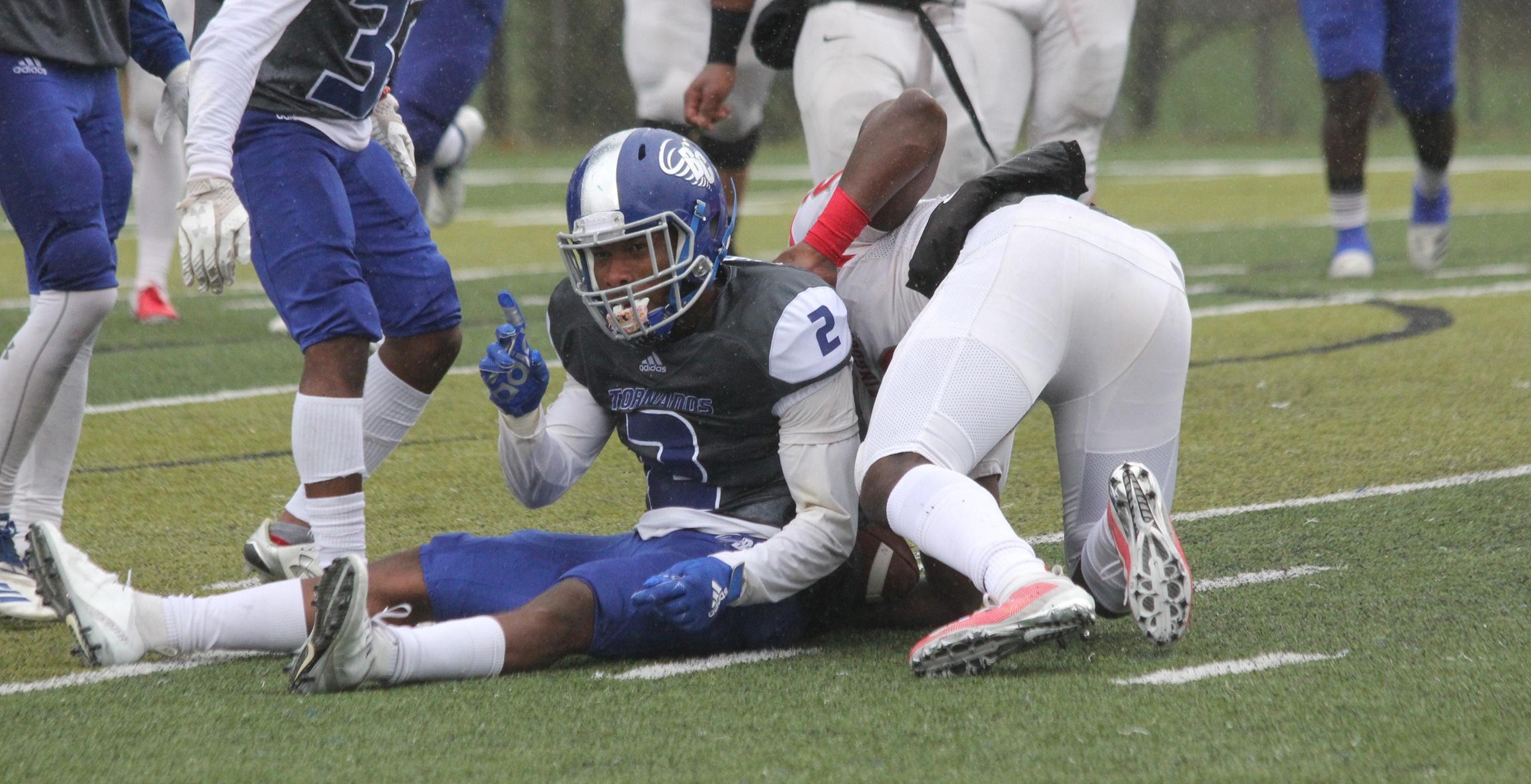Dante Anderson led the Tornados with 11 tackles in their 2021 Spring season-opener at Huntingdon (Photo courtesy of Jean Peck).