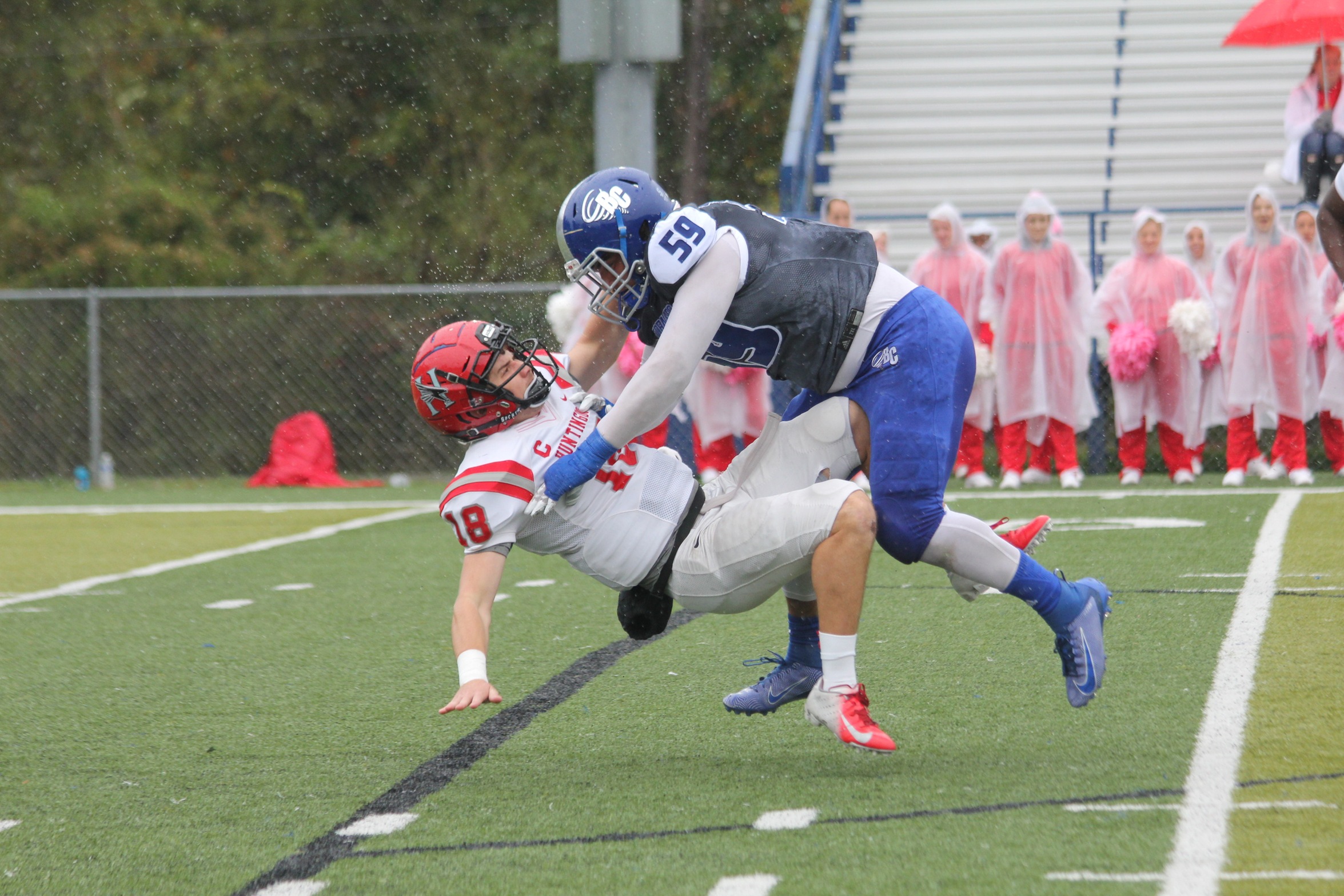 Junior defensive lineman Jerome Bass lays a hit on Huntingdon at Brevard Memorial Stadium in 2019 (Photo courtesy of Jean Peck).