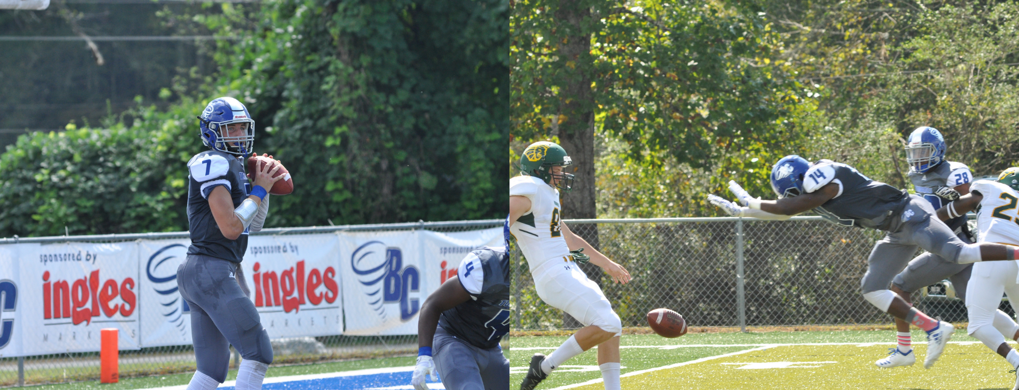 Brevard College's Dalton Cole (left) and Trevon Charles (right) performing in BC's 41-36 victory over Methodist in 2018 (Photos courtesy of Tommy Moss).