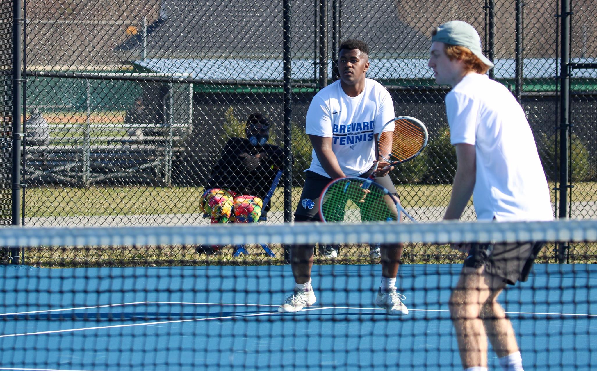 JaMarcus Walker (left) and Miles Schafer (right) in doubles action at home (Photo courtesy of Brianna Rodibaugh '24).