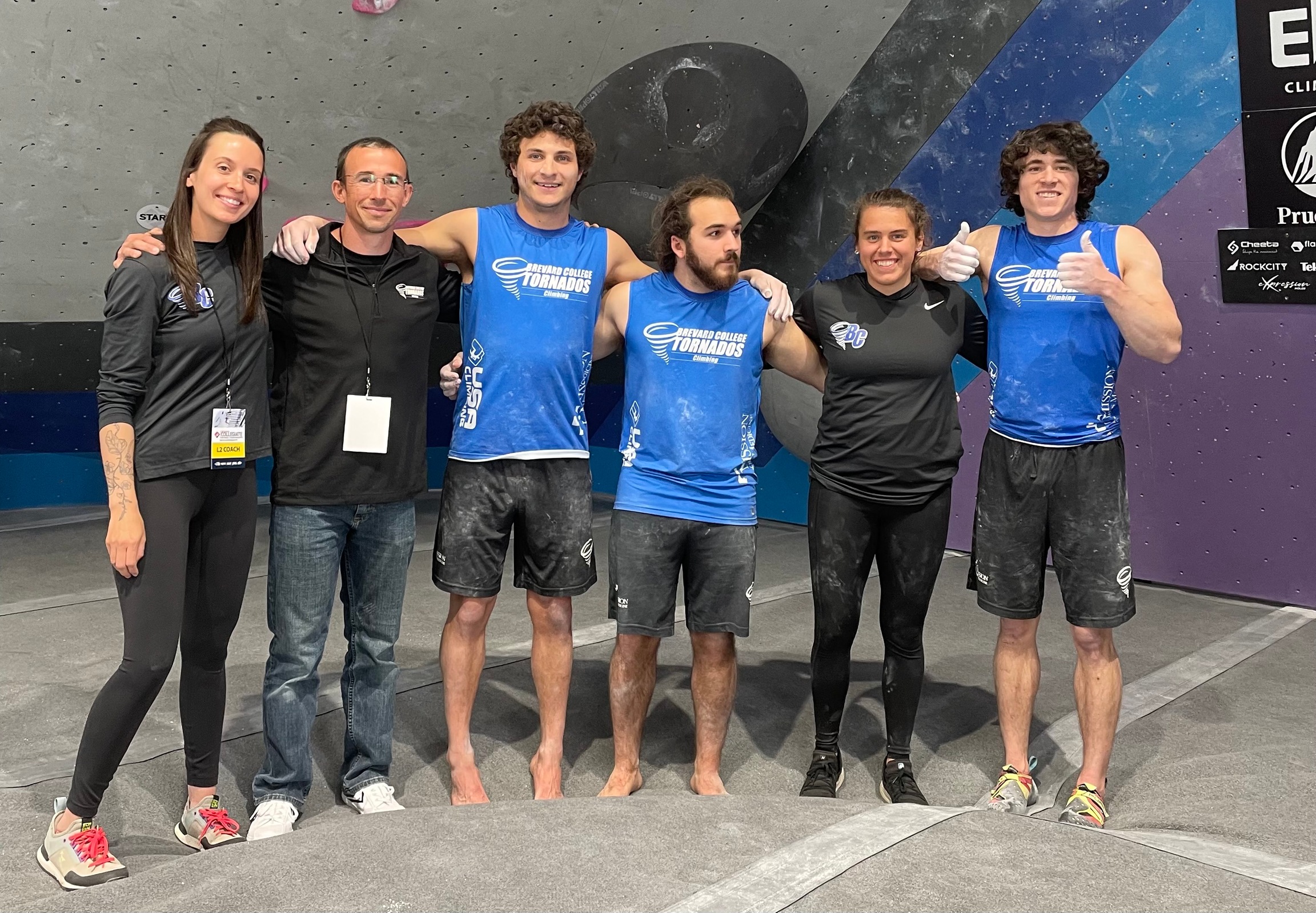 (L-R): Brevard College Assistant Coach Anna Horne, Head Coach Dan Horne, Dawson Jacobs, Kendrick Austin, Madison Altman and Caleb Trent at the USA Climbing National Championships.