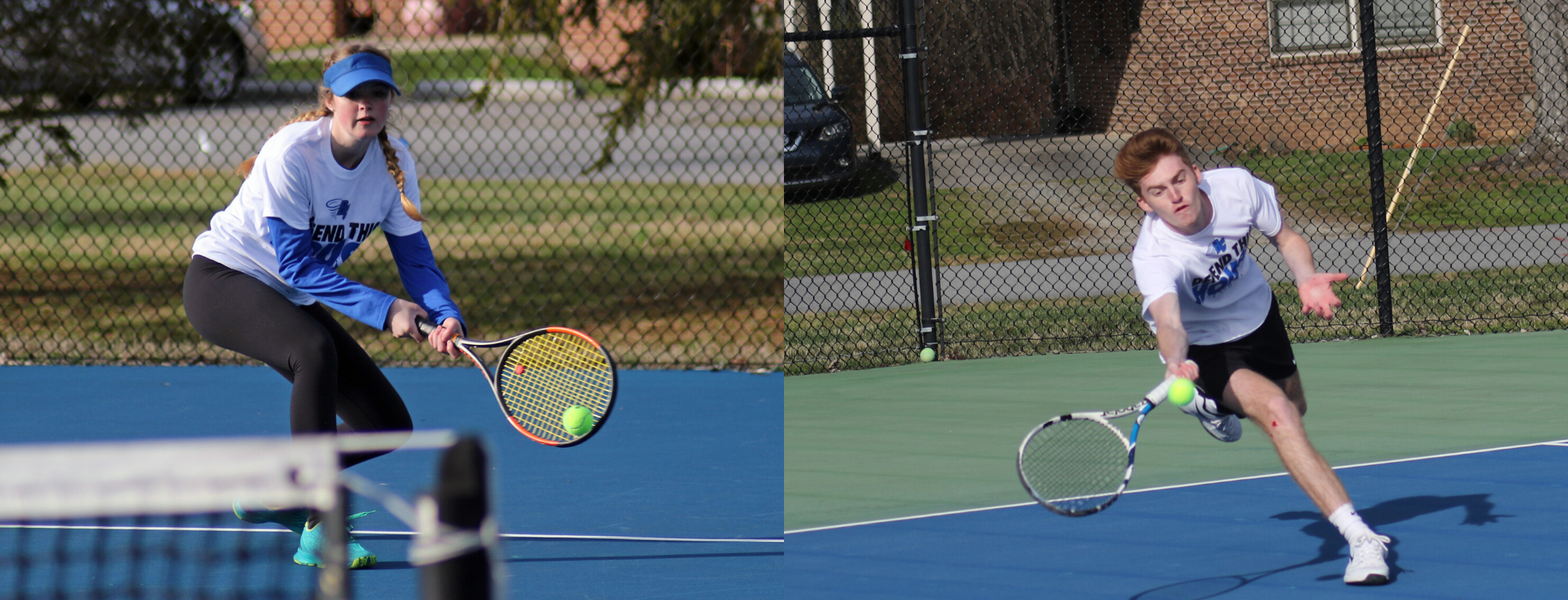 Sophomore Lily Farr (left) and freshman Miles Schafer (right) in action at the McCoy Tennis Complex (Photos courtesy of Dick Purselle).