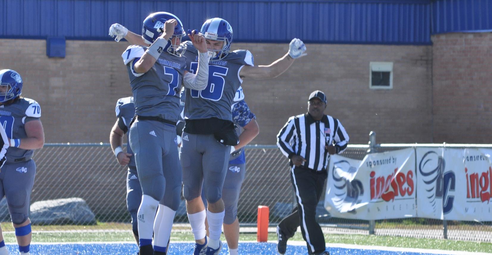 Sophomores Dalton Cole and Blake Taylor, who linked up for the game-winner last week vs. Averett, celebrate following a touchdown last season against Greensboro College (Photo courtesy of Tommy Moss).