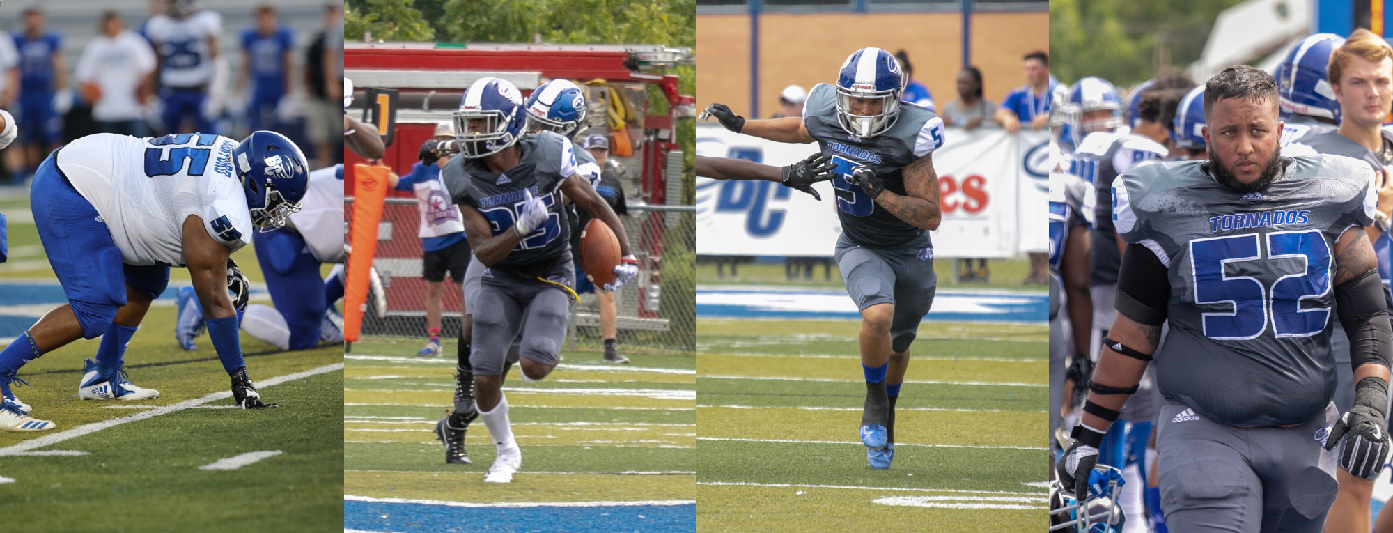 Four Brevard College football senior student-athletes (Pictured L/R: Brandon Crawford, Quentin Jackson, Ralph Roman III, and Josh Romero) will be honored at Saturday's game vs. Averett (Photos courtesy of Cortez Scales Sr & Thom Kennedy '21).