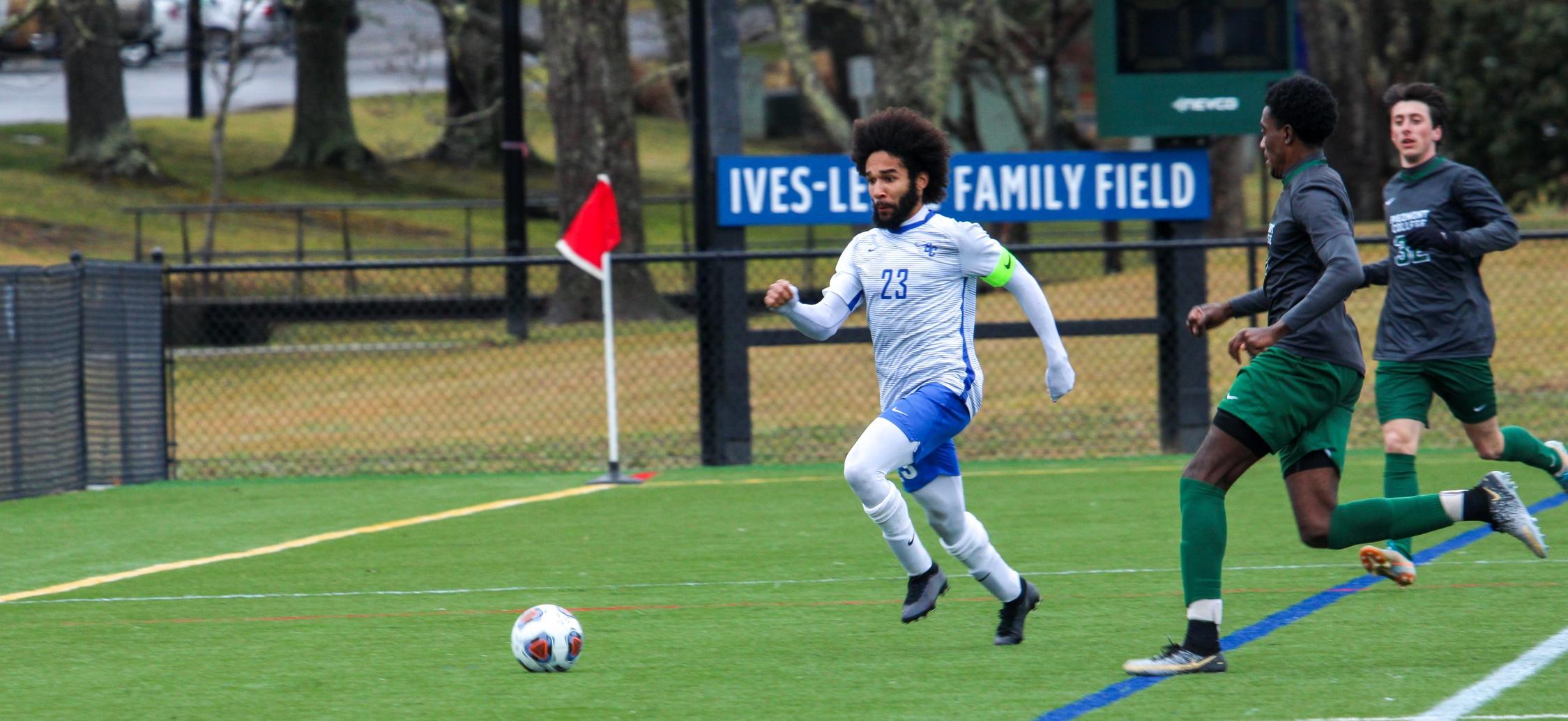 Senior midfielder Adam Spencer scored a brace of two goals with an assist for five points to help Brevard clinch a berth to the USA South Men's Soccer West Division Tournament (Photo courtesy of Brianna Rodibaugh '24).