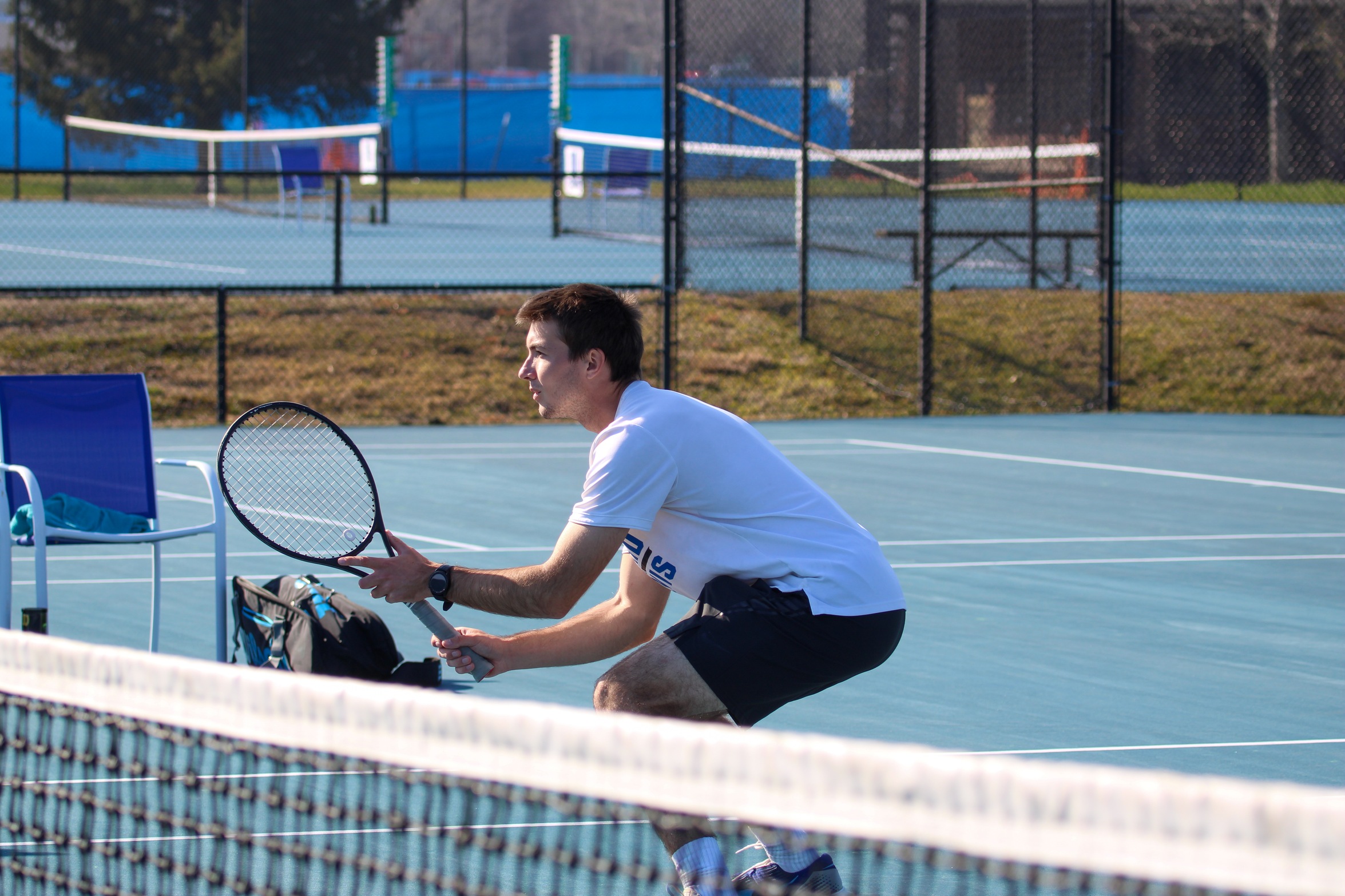 Ethan McGee remained undefeated in singles action on Sunday in Montgomery (Photo courtesy of Brianna Rodibaugh '24).