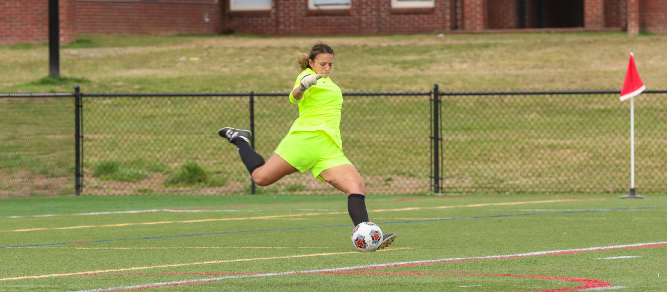 Senior goalkeeper Rebeccah Rojas registered her fifth shutout of the Spring 2021 season on Wednesday in a 0-0 draw vs. NC Wesleyan (Photo courtesy of Victoria Brayman '22).