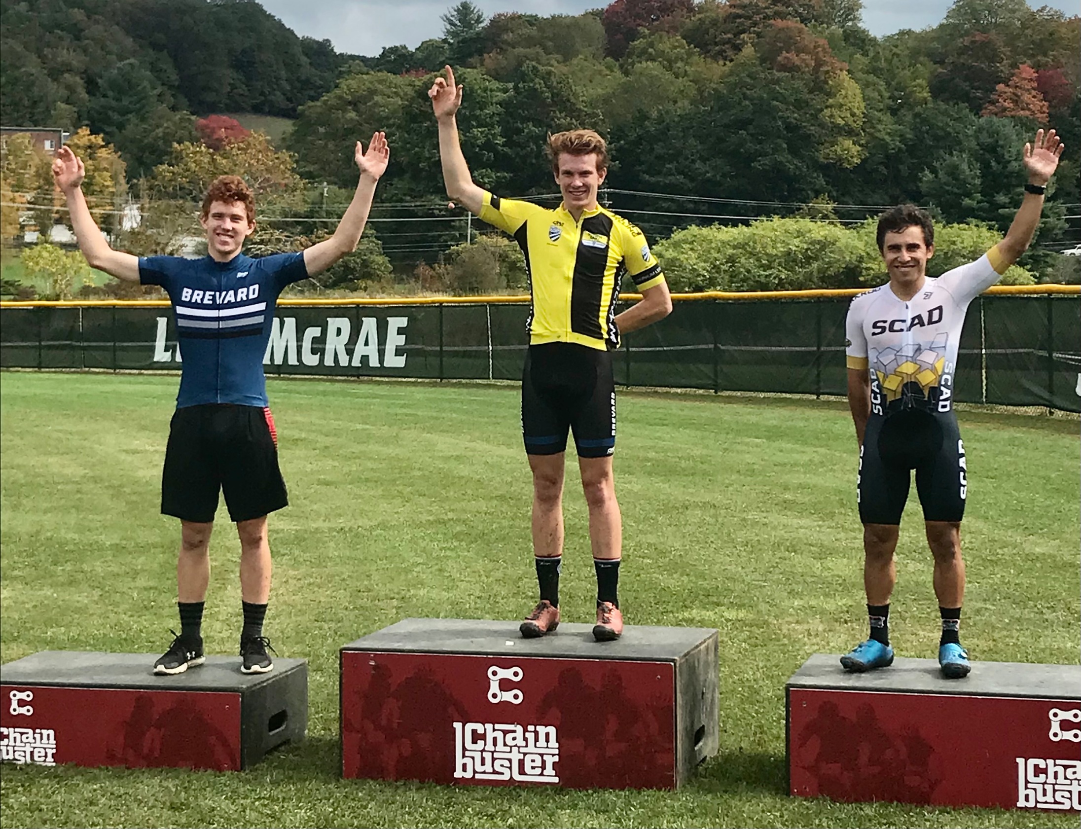 Senior Tyler Clark on the podium with the SECCC Individual Omnium Championship yellow jersey.